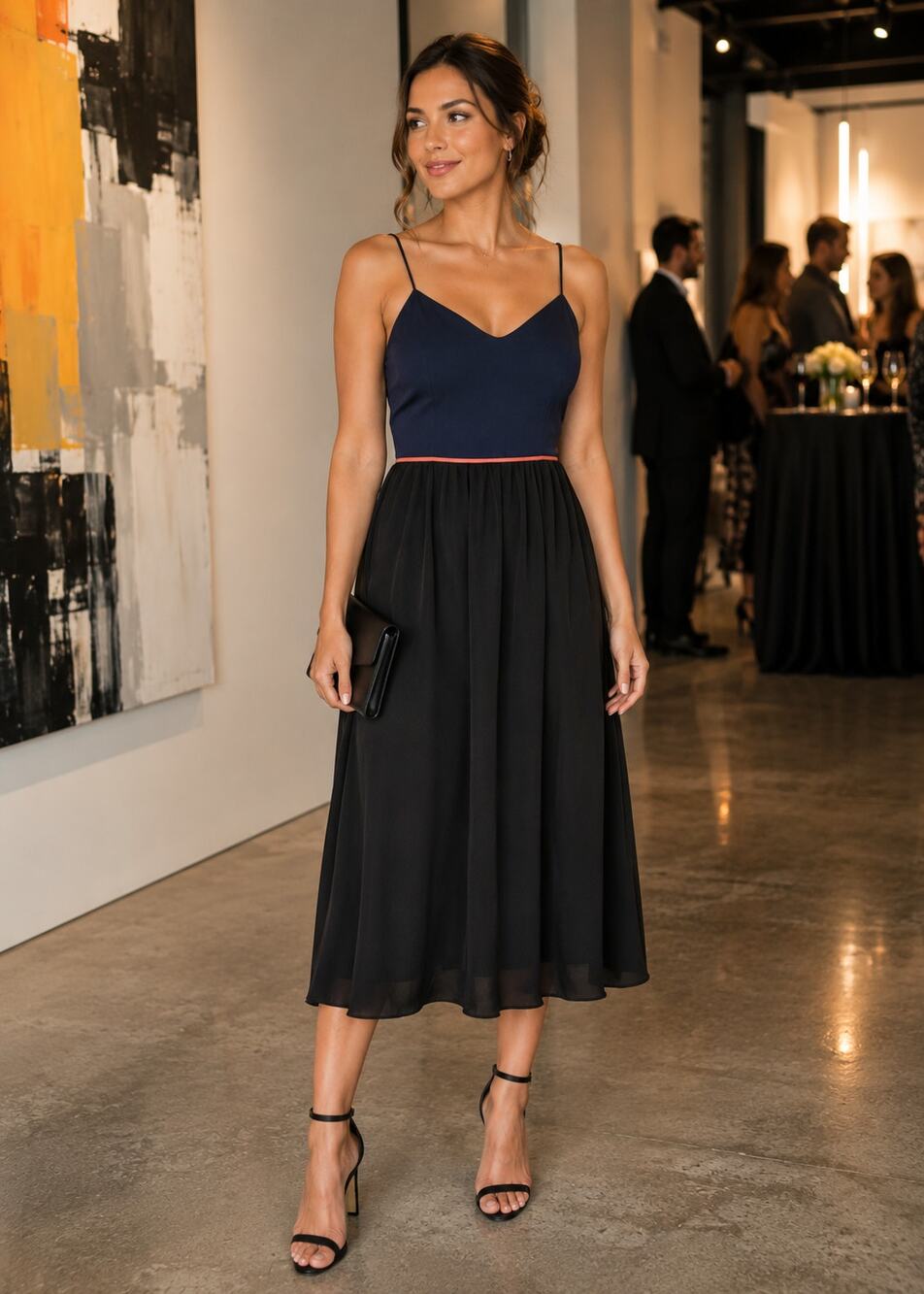 Pixley Navy Black Colorblock Midi Dress M Spaghetti Strap Pink Piping Minimalist